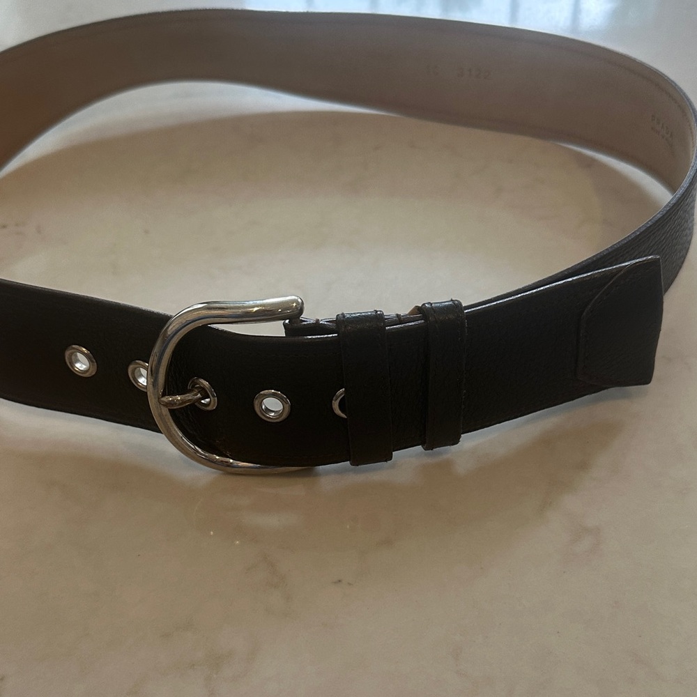 Prada Black Leather Belt with Silver Buckle.  Vintage.  Authentic